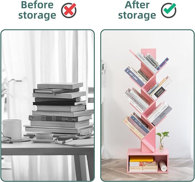 Yoobure Tree Bookshelf - 6 Shelf Retro Floor Standing Bookcase, Tall Wood Book Storage Rack for CDs/Movies/Books, Utility Book Organizer Shelves for Bedroom, Living Room, Home Office Pink - LeafyLoom