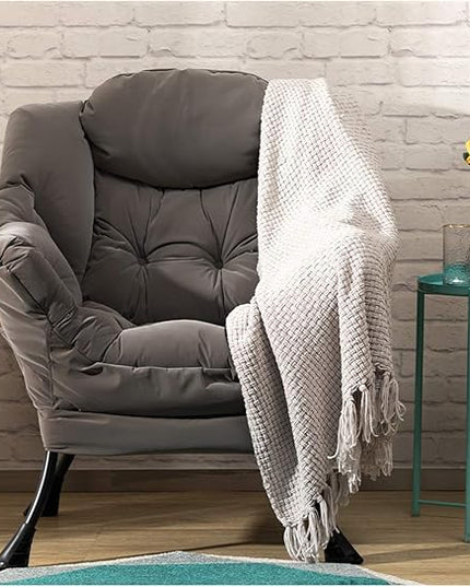 AcozyHom Modern Fabric Large Lazy Chair, Accent Oversized Comfy Reading Chair, Thick Padded Cozy Lounge Chair with Armrest, Steel Frame Leisure Sofa Chair for Living Room, Bedroom, Dorm, Grey - LeafyLoom