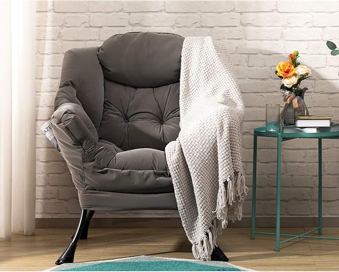 AcozyHom Modern Fabric Large Lazy Chair, Accent Oversized Comfy Reading Chair, Thick Padded Cozy Lounge Chair with Armrest, Steel Frame Leisure Sofa Chair for Living Room, Bedroom, Dorm, Grey - LeafyLoom