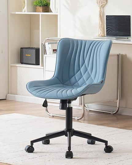 YOUNIKE Office Chair, Armless Desk Chair with Wheels, Aesthetic Home Office Computer Task Chairs, Modern Faux Leather Upholstered Vanity Chair, Adjustable Swivel Rocking Chair with Back, Blue - LeafyLoom