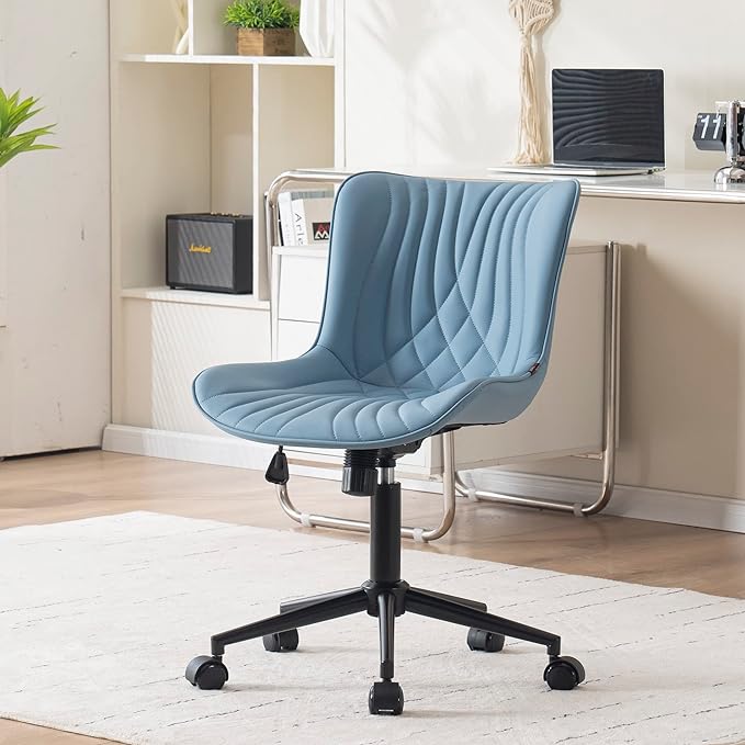 YOUNIKE Office Chair, Armless Desk Chair with Wheels, Aesthetic Home Office Computer Task Chairs, Modern Faux Leather Upholstered Vanity Chair, Adjustable Swivel Rocking Chair with Back, Blue - LeafyLoom