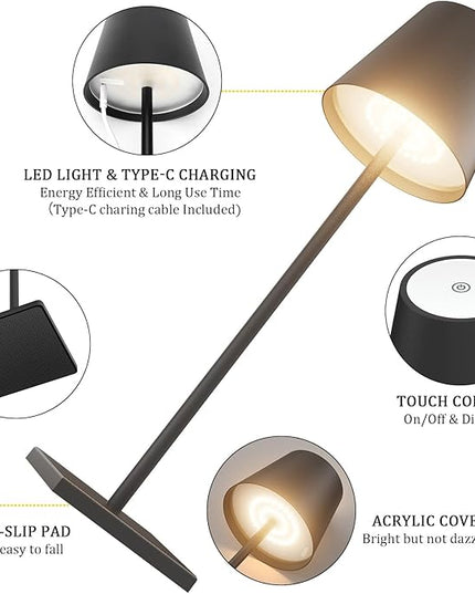 2-Pack LED Cordless Table Lamp, Rechargeable Battery Desk lamp 3W 5500mAh Battery Operated Stepless Dimming Modern Portable Table Light for Restaurant/Dinner/Bedroom/Outdoor IP54 Waterproof (Black) - LeafyLoom
