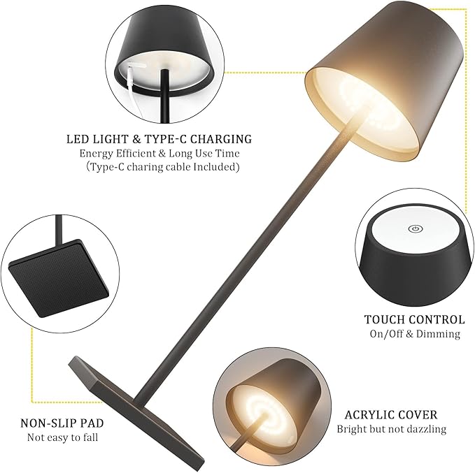 2-Pack LED Cordless Table Lamp, Rechargeable Battery Desk lamp 3W 5500mAh Battery Operated Stepless Dimming Modern Portable Table Light for Restaurant/Dinner/Bedroom/Outdoor IP54 Waterproof (Black) - LeafyLoom