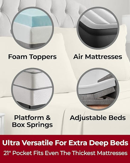 Mellanni Extra Deep California King Sheets - 4 PC Iconic Collection Bedding Sheets & Pillowcases - Luxury, Ultra Soft, Cooling Bed Sheets - Extra Deep Pocket up to 21 inch (Cal King, Golden Ivory) - LeafyLoom