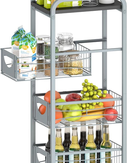 Slim Rolling Storage Cart Small Narrow Kitchen Metal Storage Cart with Lockable Wheels Slim Laundry Bathroom Storage Cart with Wooden top for Kitchen Laundry Narrow Places with Pull-Out Basket Grey - LeafyLoom