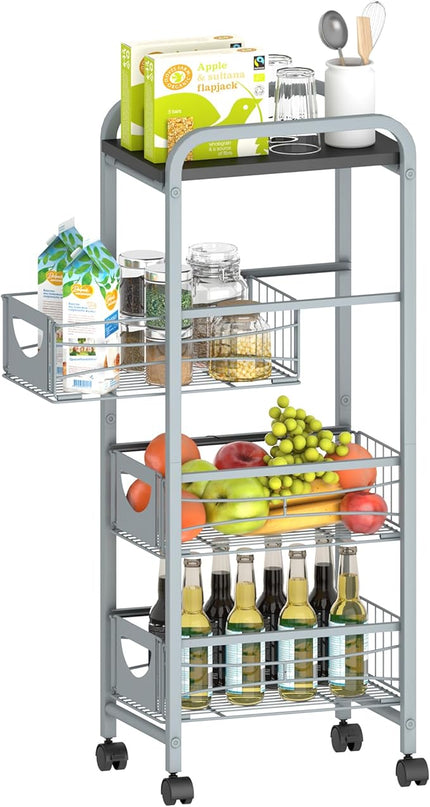 Slim Rolling Storage Cart Small Narrow Kitchen Metal Storage Cart with Lockable Wheels Slim Laundry Bathroom Storage Cart with Wooden top for Kitchen Laundry Narrow Places with Pull-Out Basket Grey - LeafyLoom