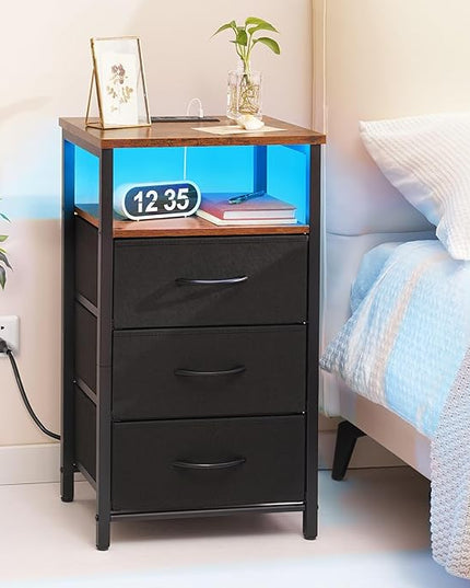 Yoobure Night Stand with Charging Station, 16 Colors LED Nightstand with USB Ports and Outlets, End Table with 3 Fabric Drawers and Storage Shelf, Bedside Tables Small Dresser for Small Space - LeafyLoom