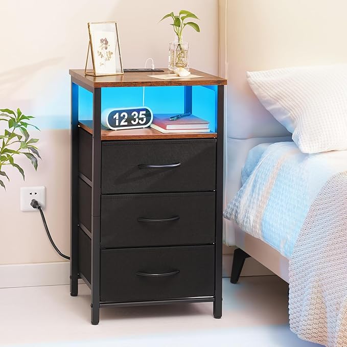 Yoobure Night Stand with Charging Station, 16 Colors LED Nightstand with USB Ports and Outlets, End Table with 3 Fabric Drawers and Storage Shelf, Bedside Tables Small Dresser for Small Space - LeafyLoom
