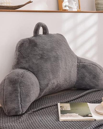 A Nice Night Faux Fur Reading Pillow Bed Wedge Large Adult Children Backrest with Arms Back Support for Sitting Up in Bed / Couch for Bedrest,Gray (Standard) - LeafyLoom