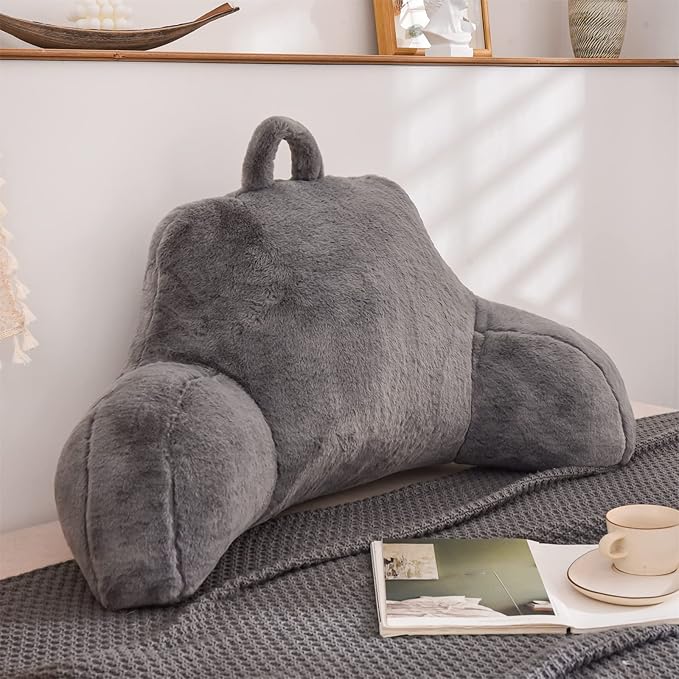 A Nice Night Faux Fur Reading Pillow Bed Wedge Large Adult Children Backrest with Arms Back Support for Sitting Up in Bed/Couch for Bedrest,Gray,Large - LeafyLoom