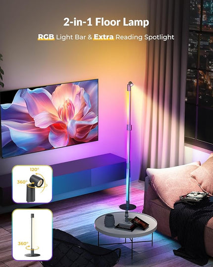 Corner Floor Lamp with Spotlight on Top, Smart RGB Color Changing Led Lights for Mood, 360° Rotating, 16 Million DIY, Remote & App, Music Sync Standing Ambient Lighting for Bedrooms Teen Kid - LeafyLoom