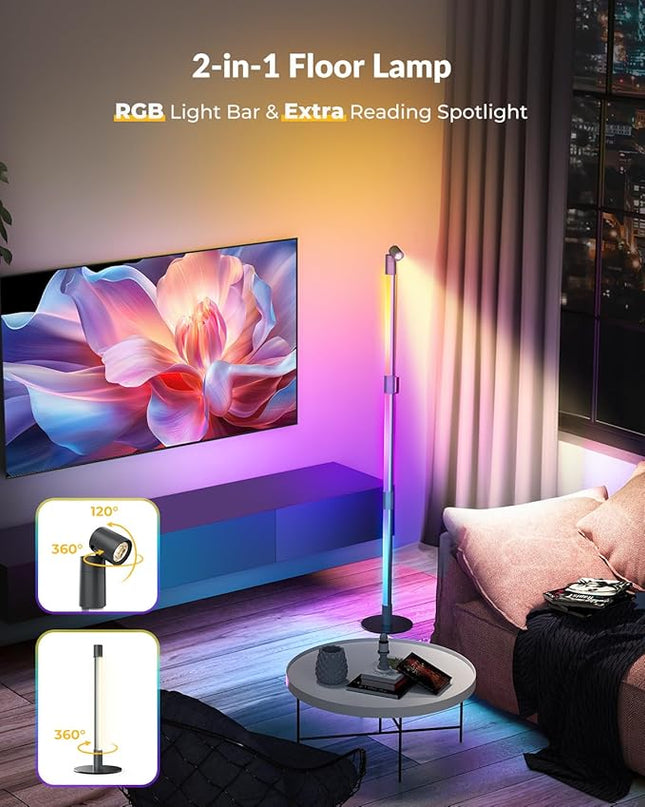 Corner Floor Lamp with Spotlight on Top, Smart RGB Color Changing Led Lights for Mood, 360° Rotating, 16 Million DIY, Remote & App, Music Sync Standing Ambient Lighting for Bedrooms Teen Kid - LeafyLoom
