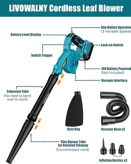 Leaf Blower Cordless for Makita 18V Battery, LIVOWALNY 120CFM 230MPH 2-in-1 Electric Leaf Blowers & Vacuum with 3 Speed Mode for Cleaning Patio, Yard, Sidewalk, Snow, Lawn Care - LeafyLoom