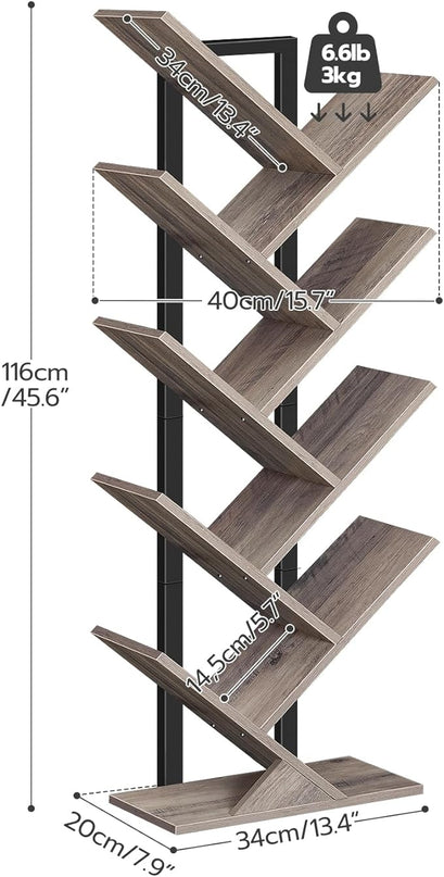 HOOBRO Tree Bookshelf, 9-Tier Bookcase Wooden Shelves, Floor Standing Storage Rack, for Display of CDs, Books in Living Room, Home Office, Wood Storage Rack for Bedroom, Greige BG08SJ01G1 - LeafyLoom
