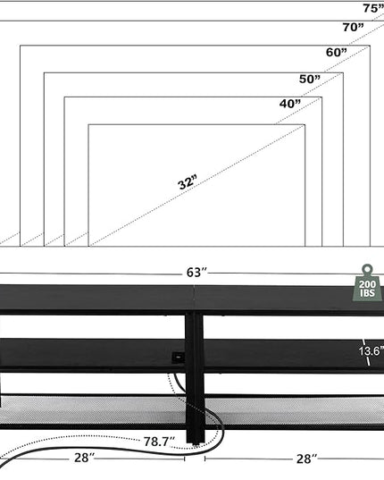 Clikuutory Modern Black 63 inch Metal TV Stand with LED Lights and Power Outlets for 40 50 55 60 65 70 Inch TVs, 3 Tier Television Stands with Entertainment Center and Storage for Living Room, Bedroom - LeafyLoom