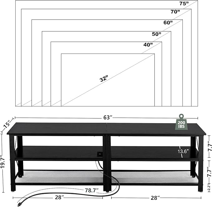 Clikuutory Modern Black 63 inch Metal TV Stand with LED Lights and Power Outlets for 40 50 55 60 65 70 Inch TVs, 3 Tier Television Stands with Entertainment Center and Storage for Living Room, Bedroom - LeafyLoom