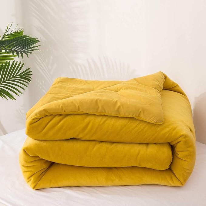 Wellboo Mustard Yellow Velvet Comforter Sets Full Size Solid Fluffy Turmeric Yellow Bedding Comforters Plain Dark Yellow Sherpa Quilts Soft Warm Winter Flannel Plush Blanket Luxury Shaggy Crystal Bed - LeafyLoom