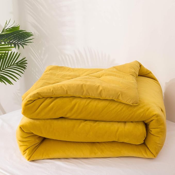 Wellboo Yellow Velvet Comforter Sets Twin Solid Mustard Yellow Fluffy Bedding Comforters Women Girls Plain Turmeric Yellow Sherpa Quilts Dark Yellow Soft Warm Winter Bed Blankets Luxlury Yellow Bed - LeafyLoom