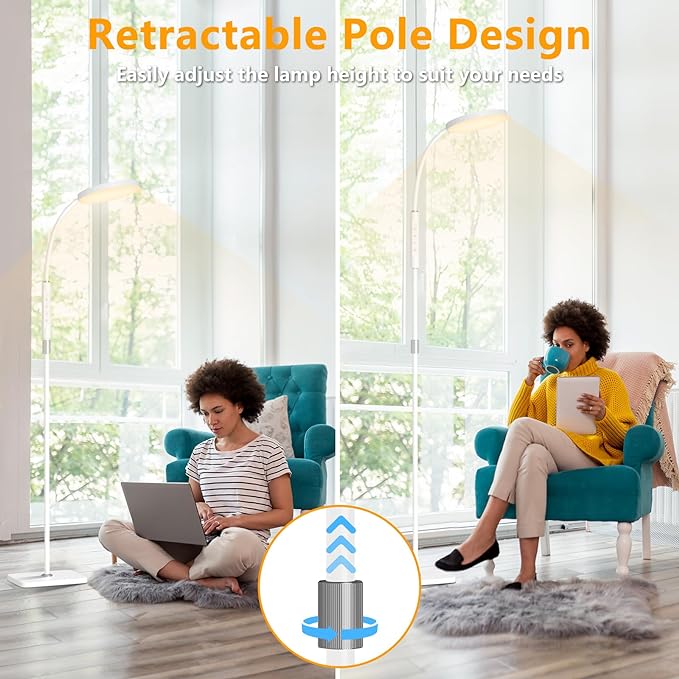 LED Floor Lamp, Height Adjustable Floor Lamps for Living Room, Super Bright Standing Lamp with Timer, Adjustable Colors & Brightness Floor lamp for Bedroom with Remote & Touch Control, White - LeafyLoom