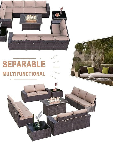 Kullavik 13 Pieces Outdoor Patio Furniture Set with 43" 55000BTU Gas Propane Fire Pit Table PE Wicker Rattan Sectional Sofa Patio Conversation Sets,Sand - LeafyLoom