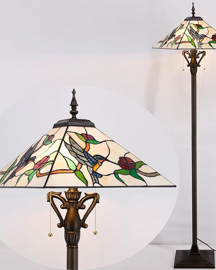 Tiffany Floor Lamp Mission Style Stained Glass Standing Reading Light 16X16X64 Inch Amber Hummingbird - LeafyLoom