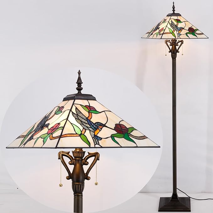 Tiffany Floor Lamp Mission Style Stained Glass Standing Reading Light 16X16X64 Inch Amber Hummingbird - LeafyLoom