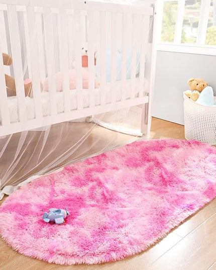 Merelax Soft Shaggy Rug for Kids Bedroom, Oval 2.6'x5.3' Plush Fluffy Rugs for Living Room, Furry Carpet for Teen Girls Room, Anti-Skid Fuzzy Comfy Rug for Nursery, Cute Baby Play Mat,Tie-dyed Pink - LeafyLoom