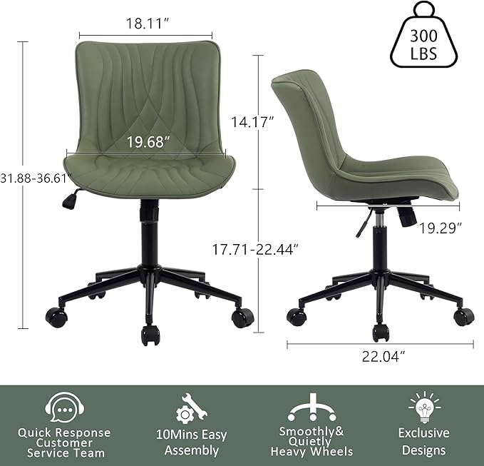 YOUTASTE Office Chair Armless Desk Chair Small Computer Swivel Rolling Chair with Wheels, Modern Upholstered PU Leather Computer Task Chair, Adjustable Home Office Desk Chairs, Olive Green - LeafyLoom