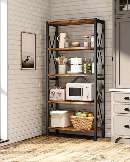 5-Tier Bookshelf,Wood Bookcase,Book Shelf with Steel Frame, Storage Rack with Open Shelves, Rustic Standing Bookshelves Ladder Shelf 110lbs/shelf for Bedroom,Living Room and Home Office - LeafyLoom
