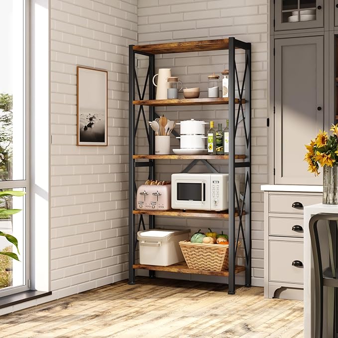 5-Tier Bookshelf,Wood Bookcase,Book Shelf with Steel Frame, Storage Rack with Open Shelves, Rustic Standing Bookshelves Ladder Shelf 110lbs/shelf for Bedroom,Living Room and Home Office - LeafyLoom