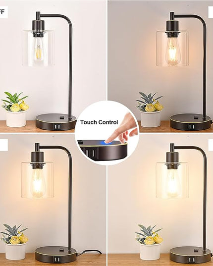 Industrial Touch Table Lamps Set of 2 - Bedside Lamps with 2 USB Ports & AC Outlet, 3-Way Dimmable Nightstand Desk Lamp for Bedroom Living Room, Glass Shade & 2 LED Bulbs Included - Oil-Rubbed Bronze - LeafyLoom