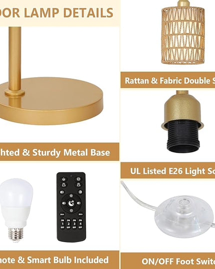 Modern Gold Floor Lamps for Living Room, Boho Rattan Floor Lamp with Remote & Dimmable LED Bulb, Farmhouse Standing Lamp with Rattan Shades, Minimalist Tall Pole Lamp for Bedroom Office - LeafyLoom