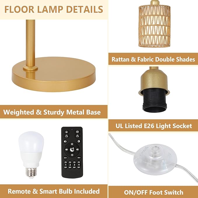 Modern Gold Floor Lamps for Living Room, Boho Rattan Floor Lamp with Remote & Dimmable LED Bulb, Farmhouse Standing Lamp with Rattan Shades, Minimalist Tall Pole Lamp for Bedroom Office - LeafyLoom
