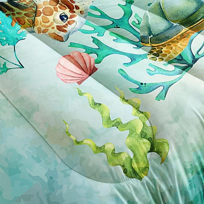 Datura home Sea Turtle Comforter Bedding Set for Kids Teens Adults,Watercolor Sea Turtle Light-Green and Blue Coral Seaweed Ocean Themed Comforter with 2 Pillowcases(Turtle Twin),Green Turtle - LeafyLoom