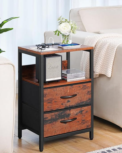 Yoobure Nightstand with Charging Station, Small Night Stand with Fabric Drawers and Storage Shelf for Bedrooms, Nightstands for Small Spaces Bedside Table with USB Ports & Outlets, Bed Side Table - LeafyLoom