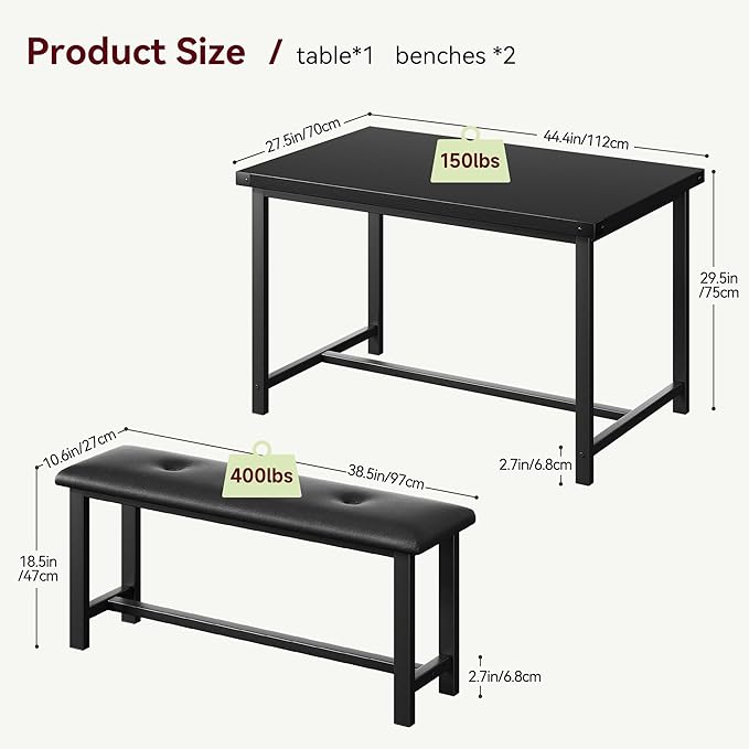 GAOMON Dining Table Set for 4, Kitchen Table with Benches, Rectangular Dining Room Table Set with 2 Upholstered Benches, 3 Piece Kitchen Table Set for Small Space, Apartment, Studio, Retro Black - LeafyLoom