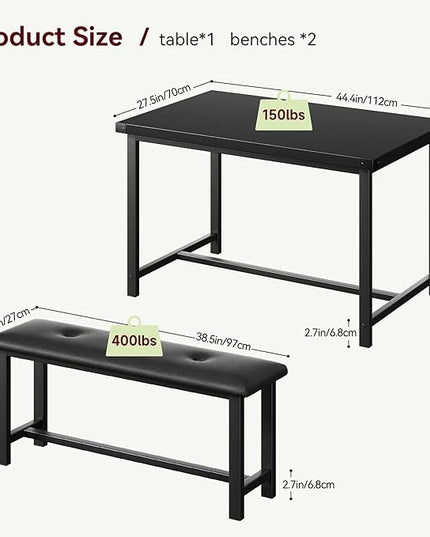 Kitchen Table with Benches, Dining Table Set for 4, Rectangular Dining Room Table Set with 2 Upholstered Benches, 3 Piece Kitchen Table Set for Small Space, Apartment, Studio, Retro Black - LeafyLoom