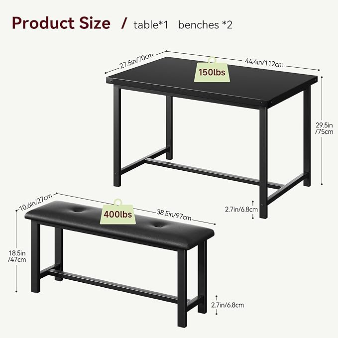 Kitchen Table with Benches, Dining Table Set for 4, Rectangular Dining Room Table Set with 2 Upholstered Benches, 3 Piece Kitchen Table Set for Small Space, Apartment, Studio, Retro Black - LeafyLoom