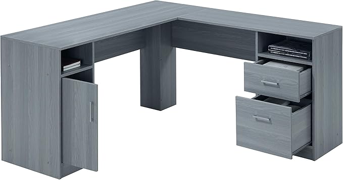 Techni Mobili Functional L-Shaped Computer Desk with storage, L is ⁠59.5" wide x 59.5" Long, Grey - LeafyLoom