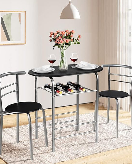 DORTALA 3PCS Dining Table Set, 1 table & 2 chairs set, 3 Piece Compact Dining Set, Oval Table & Mid-back Chairs w/Built-in Wine Rack, Suitable for Small Space, Black & Silver - LeafyLoom