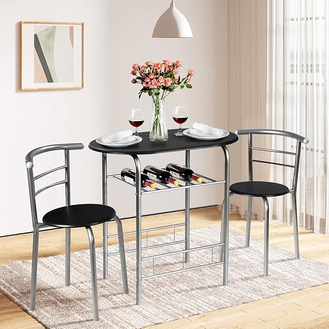 DORTALA 3PCS Dining Table Set, 1 table & 2 chairs set, 3 Piece Compact Dining Set, Oval Table & Mid-back Chairs w/Built-in Wine Rack, Suitable for Small Space, Black & Silver - LeafyLoom