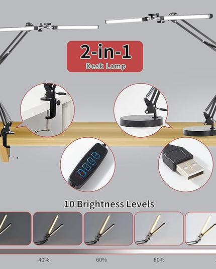 Double Swing Arm Bright LED Desk Light Adjustable Foldable Desk Lamp for Home Office, 3 Colors Lighting & Stepless Dimming Dimmable Table Desk Light for Work/Study/Craft - LeafyLoom