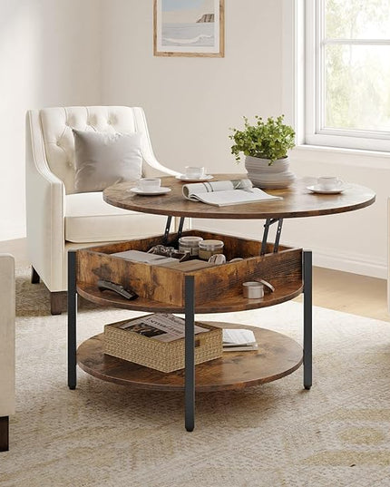 FABATO Round Lift Top Coffee Table for Living Room, 35.43'' Round Coffee Table with Storage and Hidden Compartment, 2 Tier Large Farmhouse Coffee Table Round Dining Table, Rustic Brown - LeafyLoom