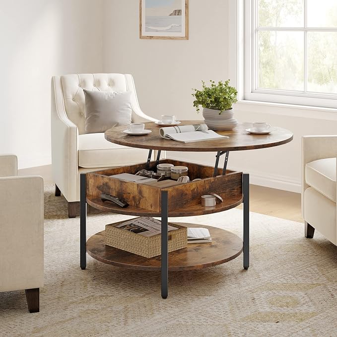 FABATO Round Lift Top Coffee Table for Living Room, 35.43'' Round Coffee Table with Storage and Hidden Compartment, 2 Tier Large Farmhouse Coffee Table Round Dining Table, Rustic Brown - LeafyLoom