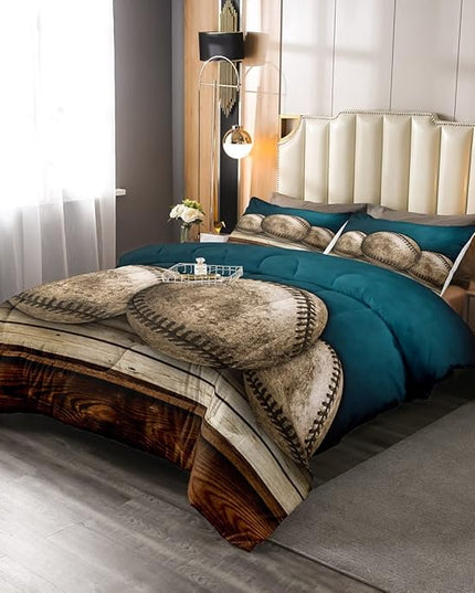 Erosebridal Teens Baseball Comforter Set Full,Kids Retro Grunge Baseball Bedding Set for Boys Bedroom,Sports Games Bedding Comforter Set Teal Vintage Wooden Board Quilt Duvet Sets 2 Pillow Cases - LeafyLoom