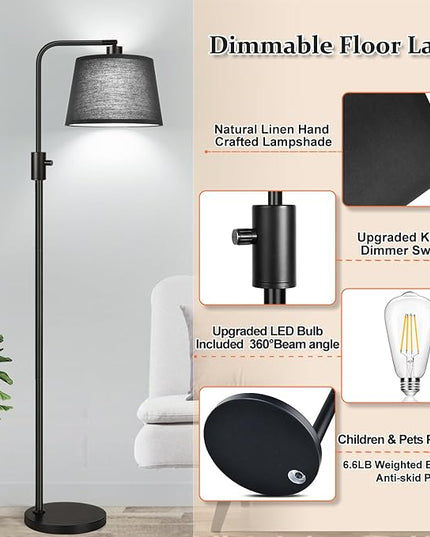 【Upgraded】 Dimmable Floor Lamp, 1000 Lumens LED Edison Bulb Included, Arc Floor Lamps for Living Room Modern Standing Lamp with Black Shade, Tall Lamps for Living Room Bedroom Office Dining Room - LeafyLoom