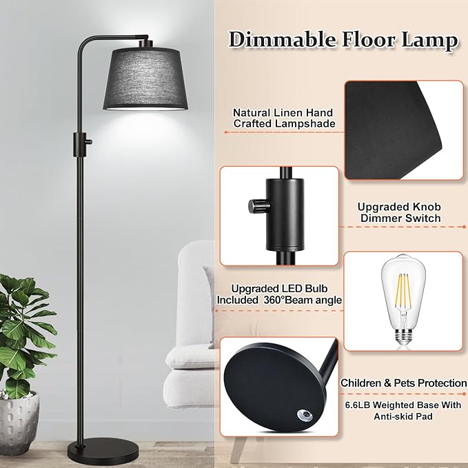 【Upgraded】 Dimmable Floor Lamp, 1000 Lumens LED Edison Bulb Included, Arc Floor Lamps for Living Room Modern Standing Lamp with Black Shade, Tall Lamps for Living Room Bedroom Office Dining Room - LeafyLoom