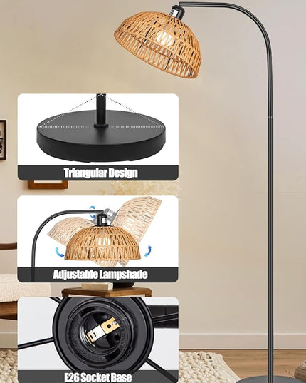 Farmhouse Rattan Floor Lamp, Black Rustic Tall Floor Lamp, Boho Floor Lamps with Hanging Adjustable Hand-Worked Rattan Shade, Foot Switch, Black Pole Lamps for Living Room (Bulb Not Included) - LeafyLoom