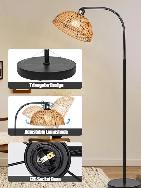 Farmhouse Rattan Floor Lamp, Black Rustic Tall Floor Lamp, Boho Floor Lamps with Hanging Adjustable Hand-Worked Rattan Shade, Foot Switch, Black Pole Lamps for Living Room (Bulb Not Included) - LeafyLoom