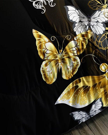 Butterfly Comforter Set for Adults Black and Gold Butterfly Bedding Set Aesthetics Butterflies Quilt Duvet Set Full Size with 1 Comforter and 2 Pillowcases - LeafyLoom